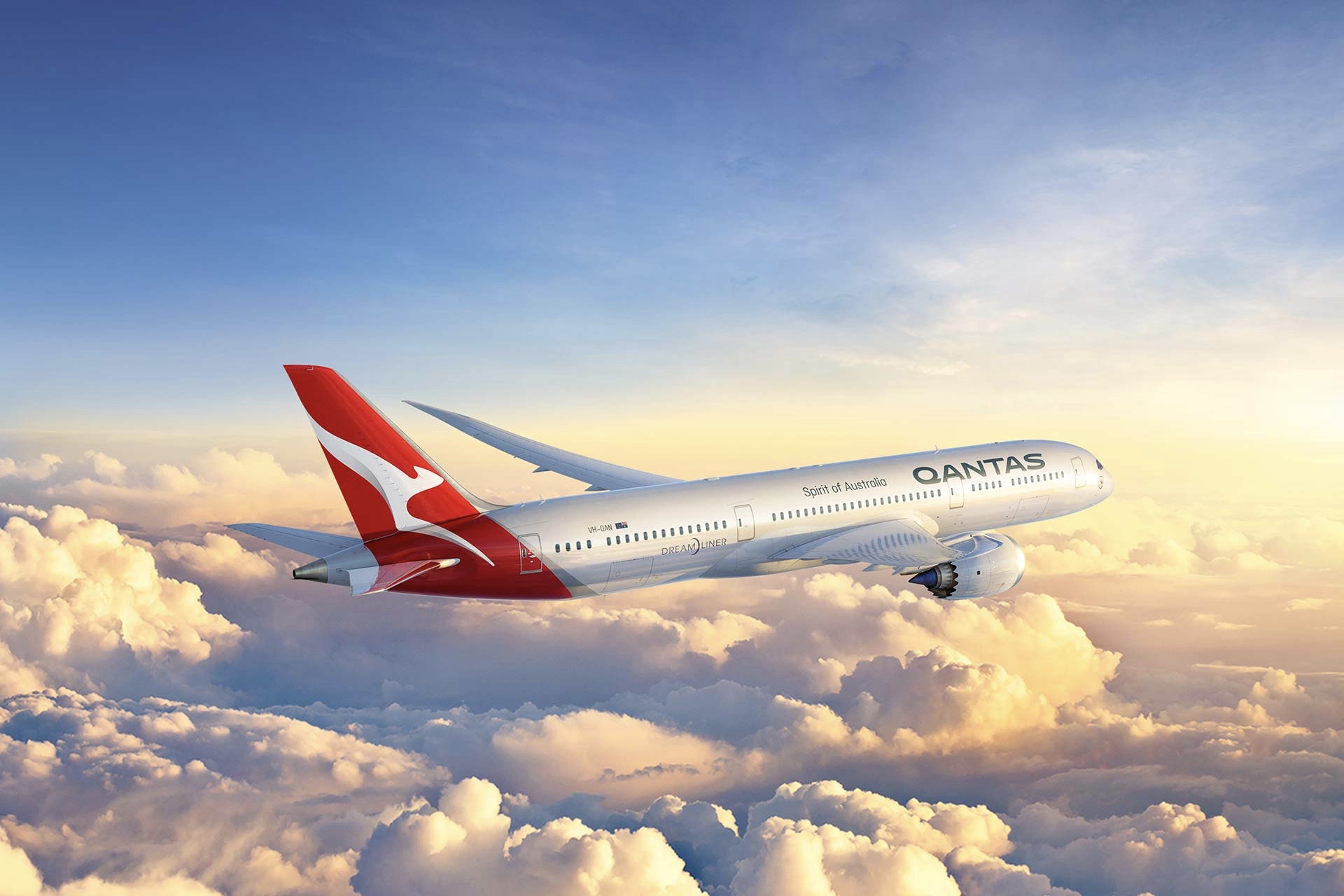 A Qantas aircraft in the sky.