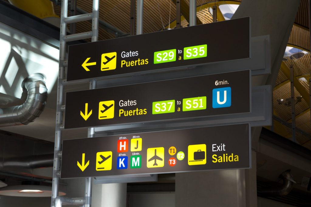 Directional signs at Madrid Barajas International Airport