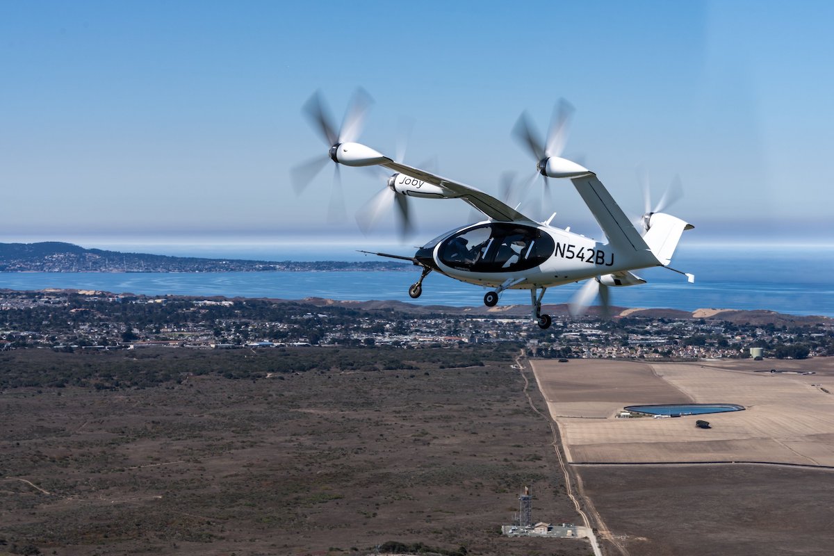 A Joby Aviation electric air taxi on a test flight