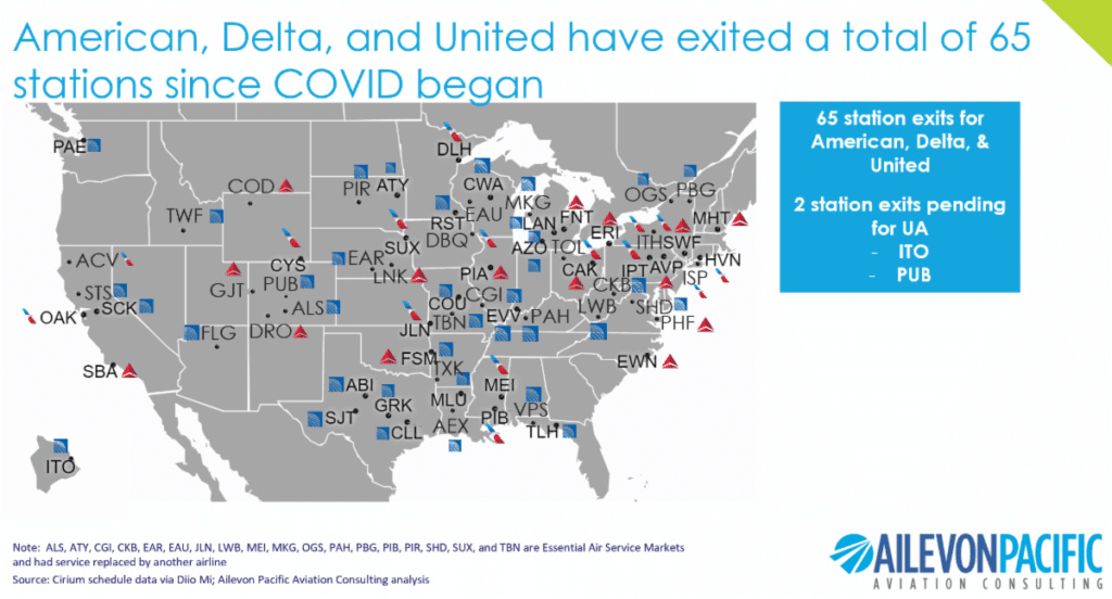 A map of the U.S. cities that have lost air service during the pandemic