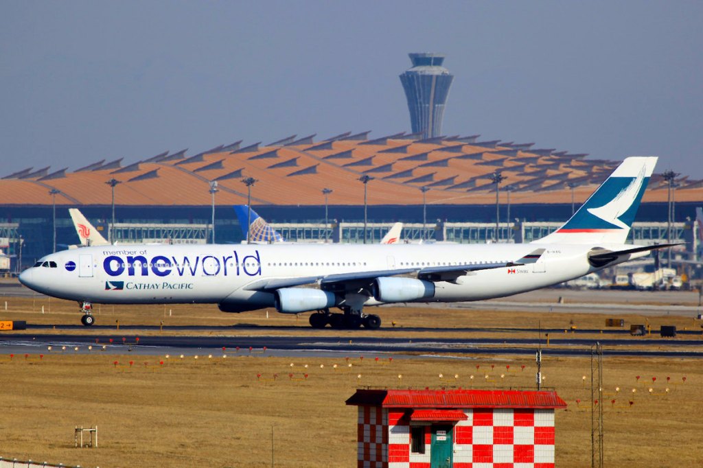 Cathay Pacific plane taxis at Beijing Capital airport.