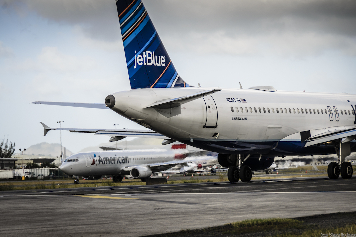 JetBlue and American Airlines planes at the Saint Maarten airport.