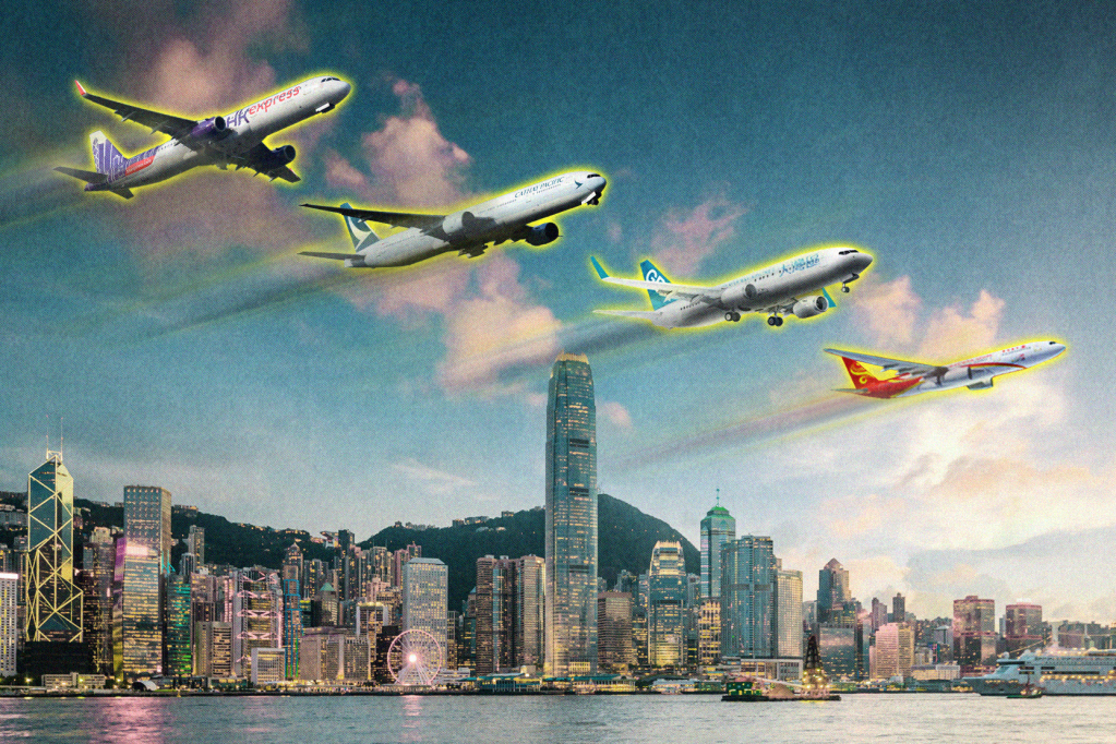 An illustration showing planes flying over Hong Kong