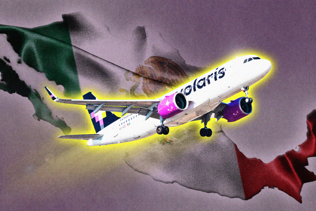 An illustration showing a Volaris plane and the outline of Mexico