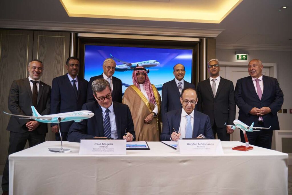 Paul Meijers, Airbus Executive Vice President - Commercial Transaction and Bander Al Mohanna, Flynas Chief Executive Officer sign the agreement
