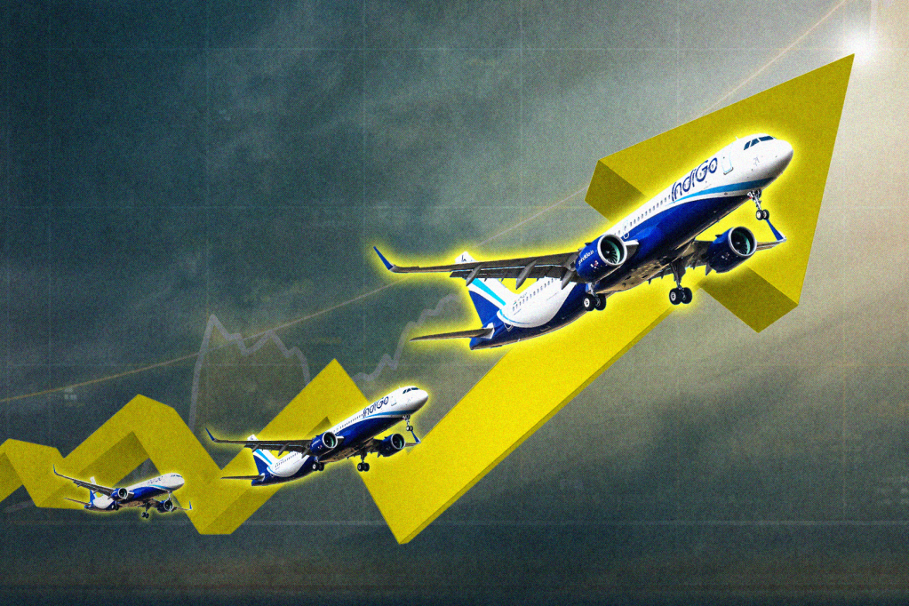 An illustration showing an IndiGo plane soaring up a stock chart.