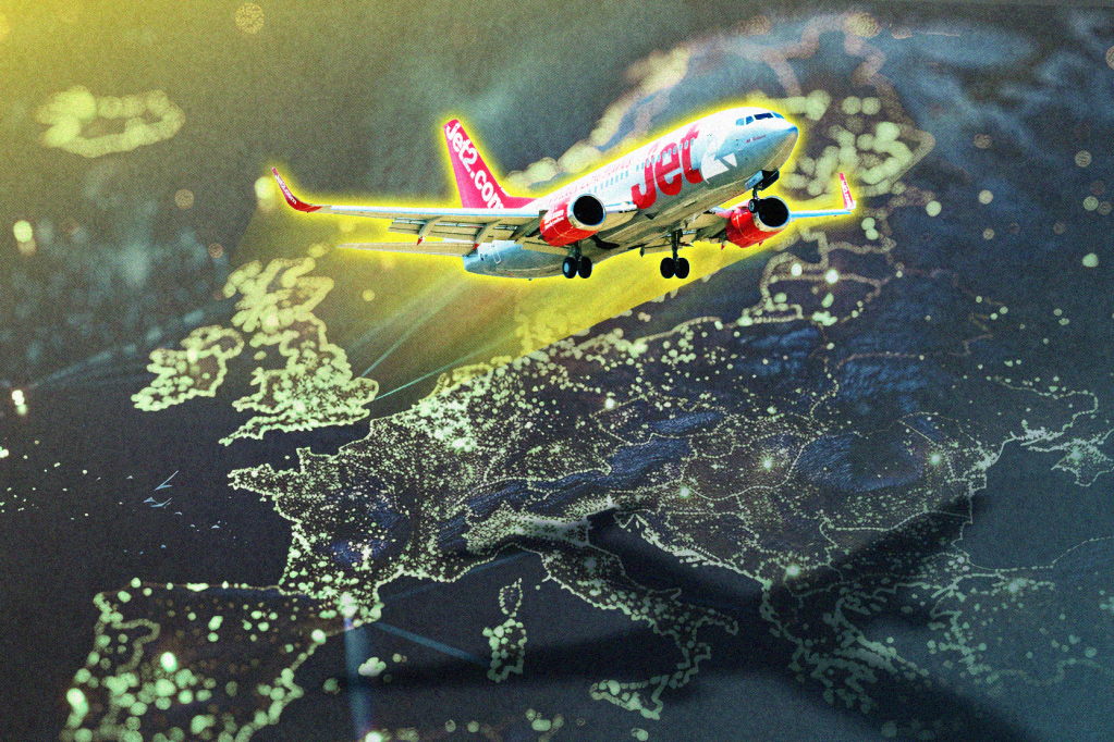 An illustration showing a Jet2 plane over Europe