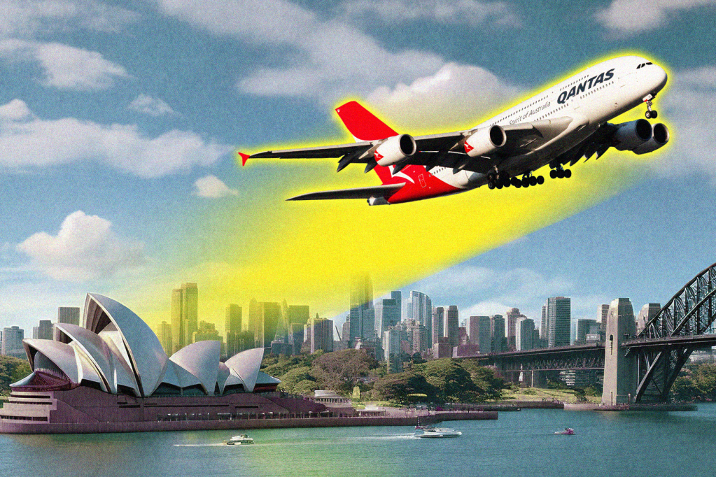 An illustration showing a Qantas A380 flying over Sydney