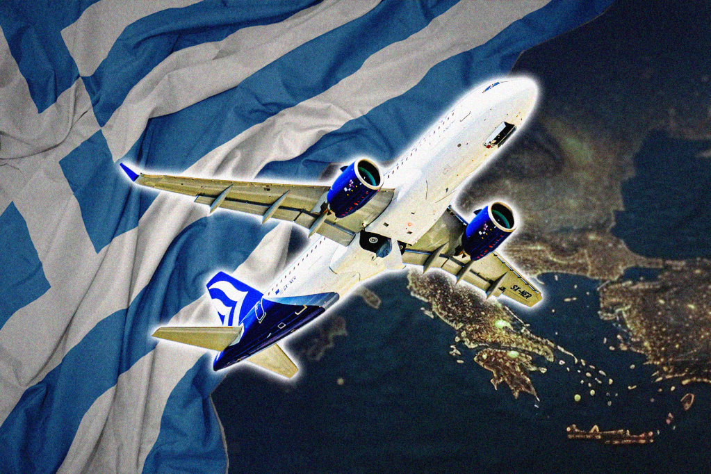 An illustration showing the flag of Greece and an Aegean Airlines plane.