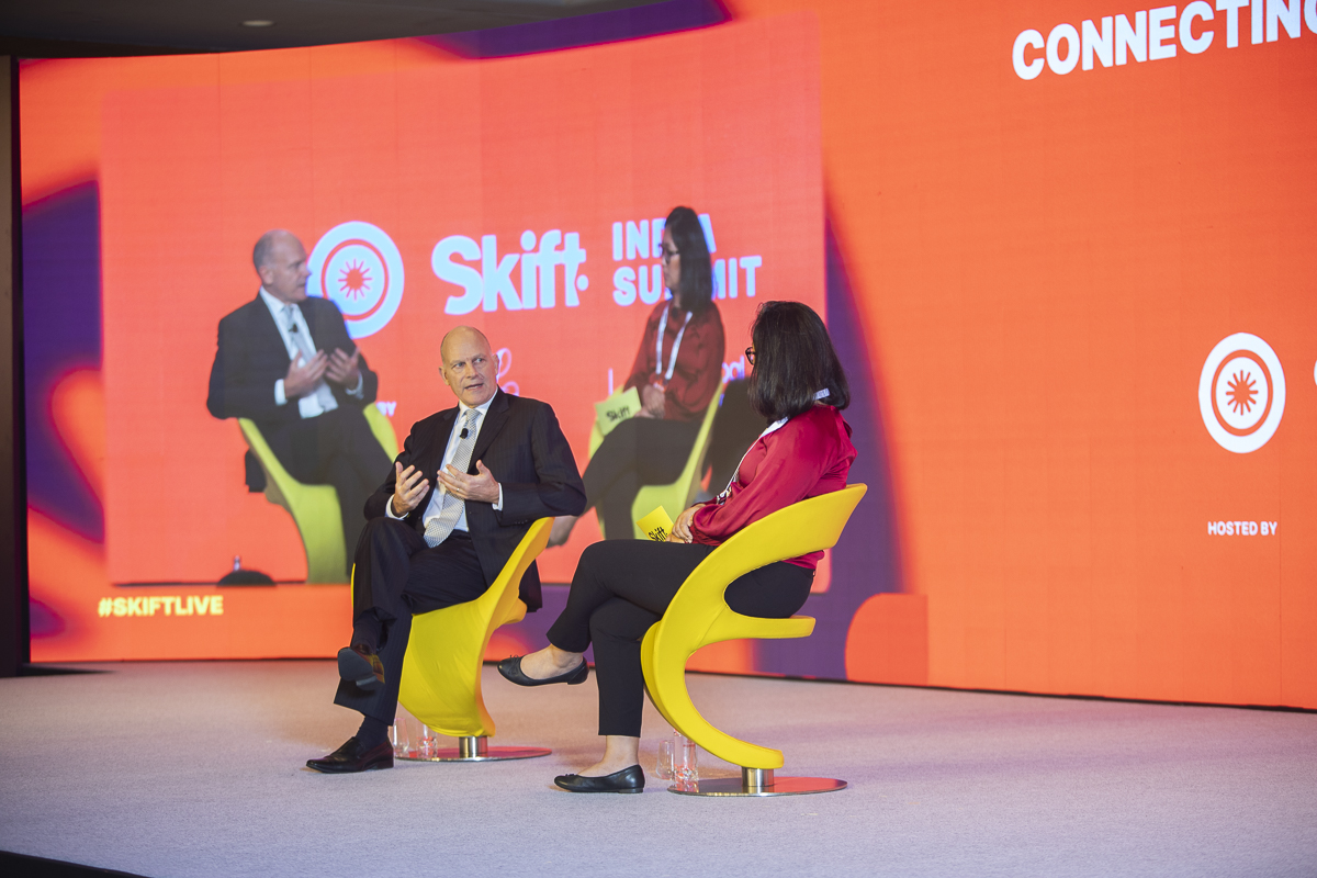Air India CEO Campbell Wilson speaking with Skift Asia Editor Peden Doma Bhutia at Skift India Summit in March 2024.