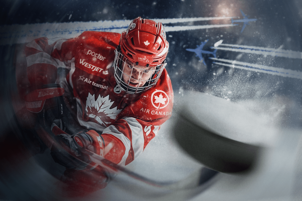 An illustration showing a Canadian ice hockey player