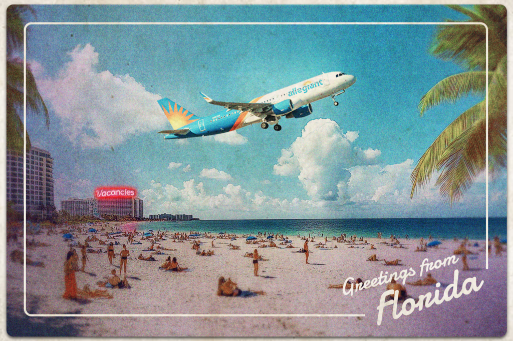 An illustration showing a classic style Florida postcard with an Allegiant Air jet.