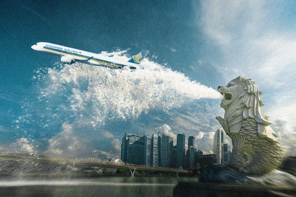 An illustration showing the Singapore Merlion with a Singapore Airlines jet.
