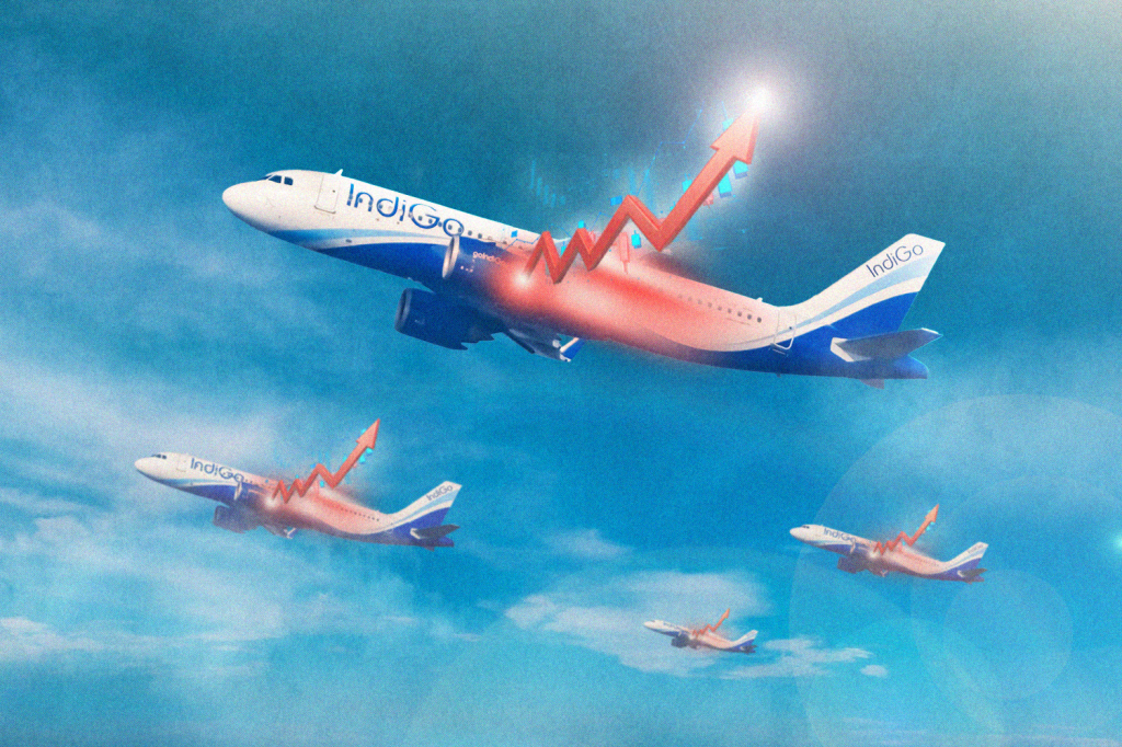 An illustration showing IndiGo planes and positive market symbols