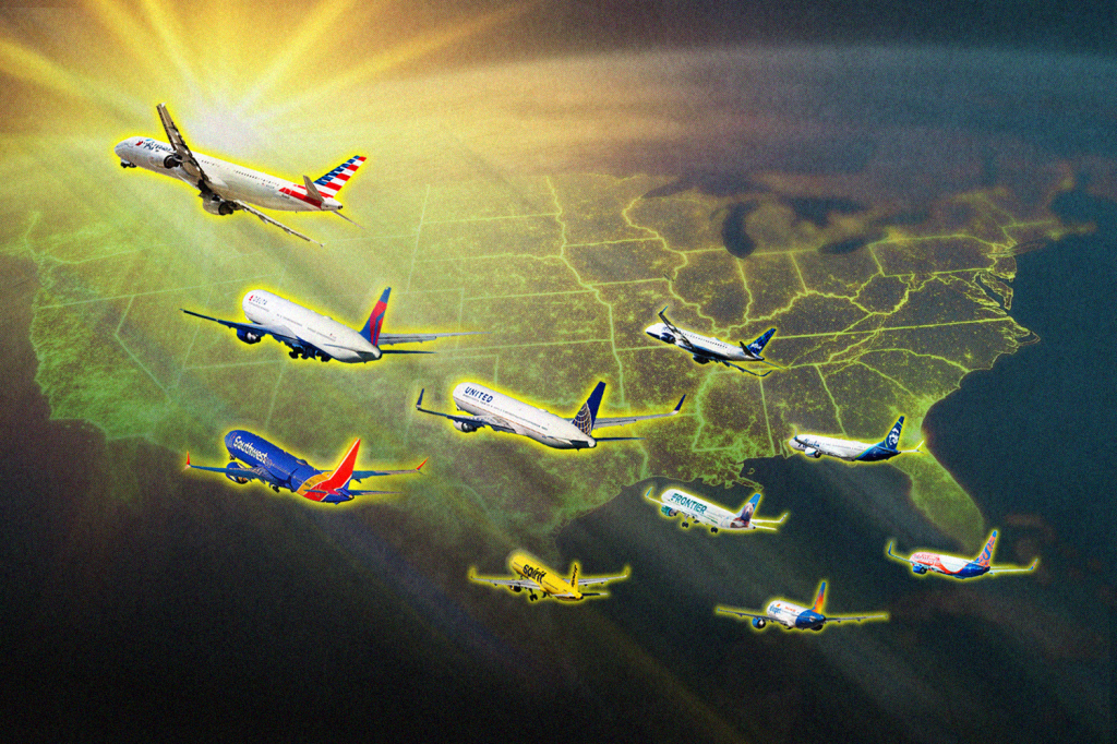 An illustration showing the U.S. map with sunshine and planes.