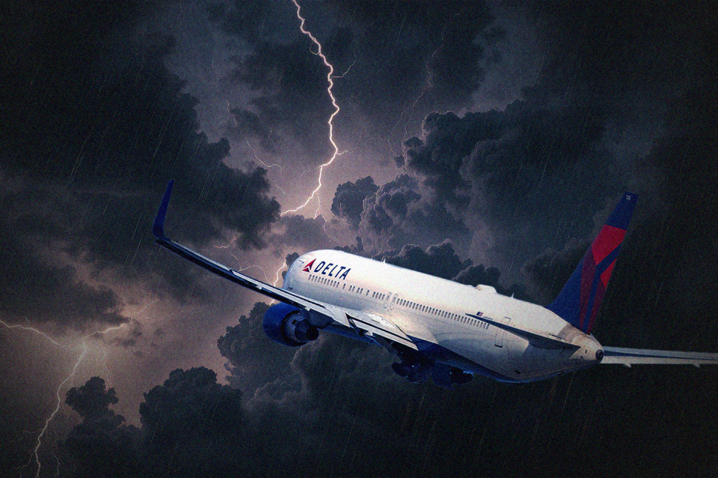 An illustration showing a Delta plane in stormy skies.