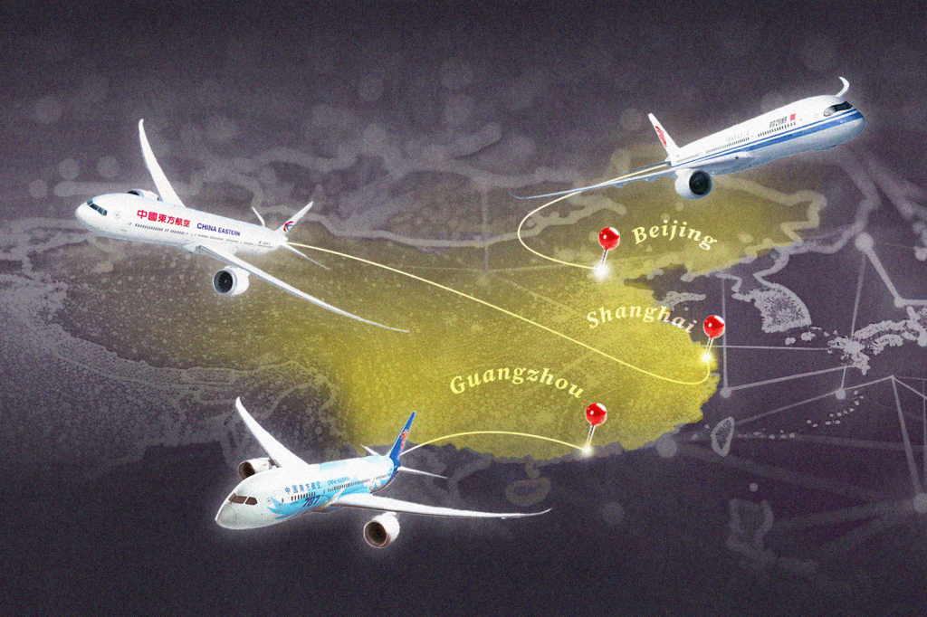 An illustration showing planes flying over China.