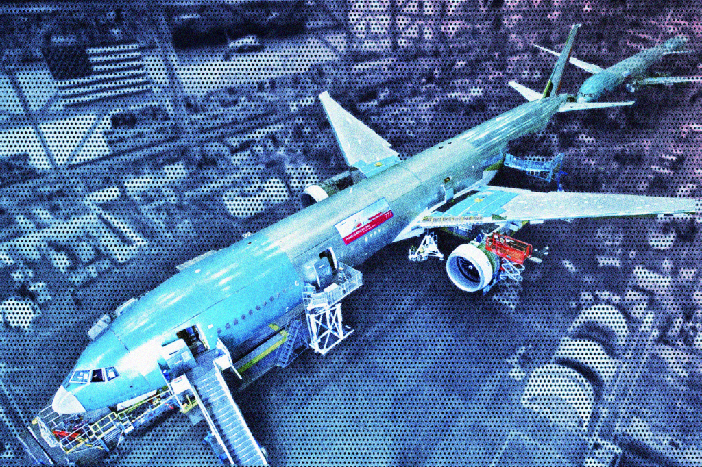 An illutsration showing a large widebody aircraft factory.