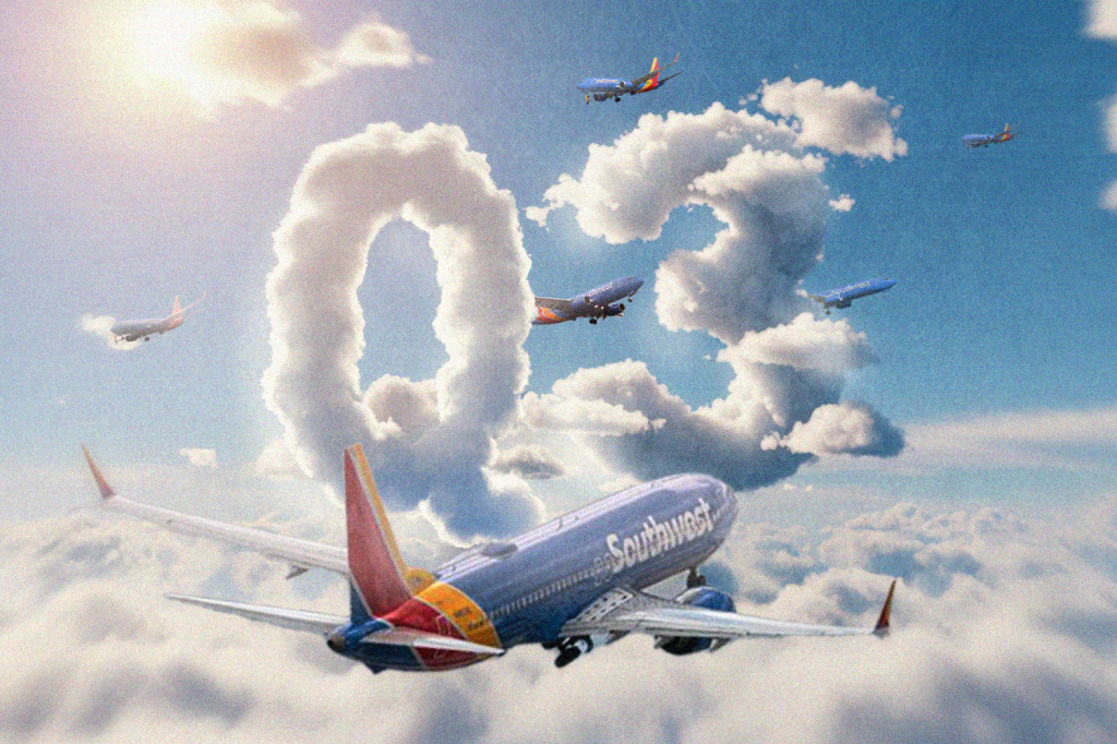 An illustration showing a Southwest plane in the sky.