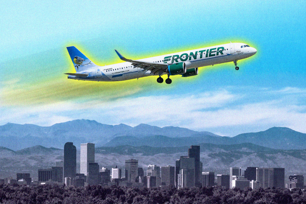 An illustration showing a Frontier jet over Denver.