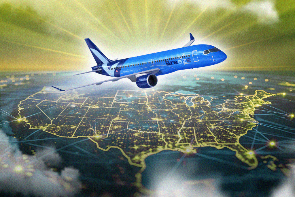 An illustration showing a Breeze Airways plane over the U.S.