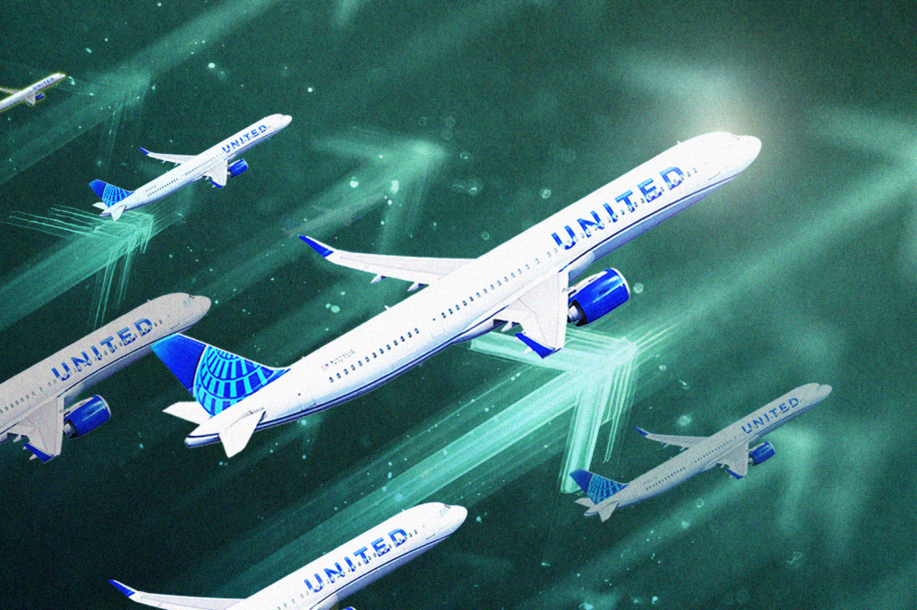 An illustration showing United planes and green stock market arrows.