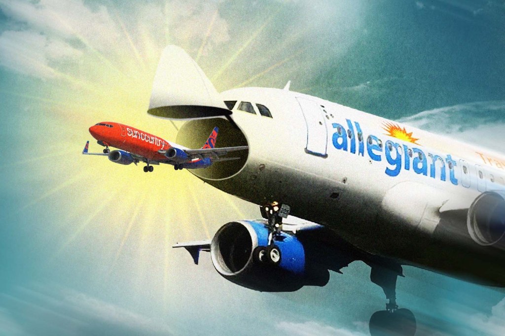 An illustration showing an Allegiant plane swallowing a Sun Country plane.
