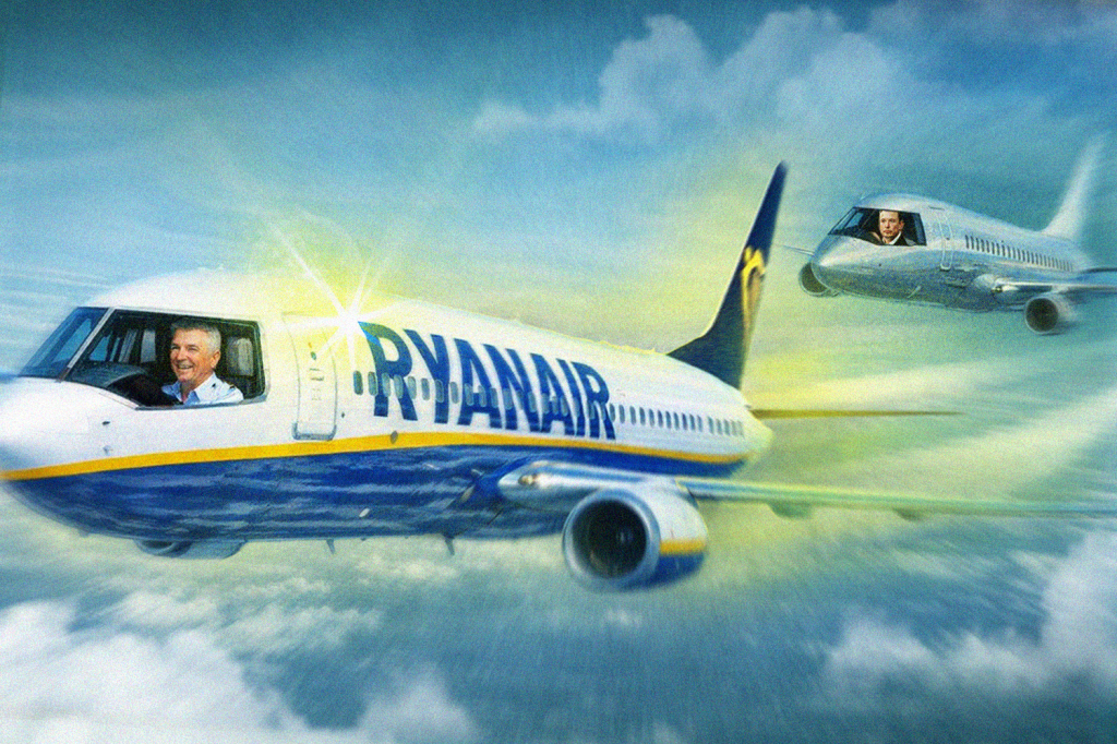 An illustration showing Michael O'Leary flying a Ryanair plane with Elon Musk trailing.