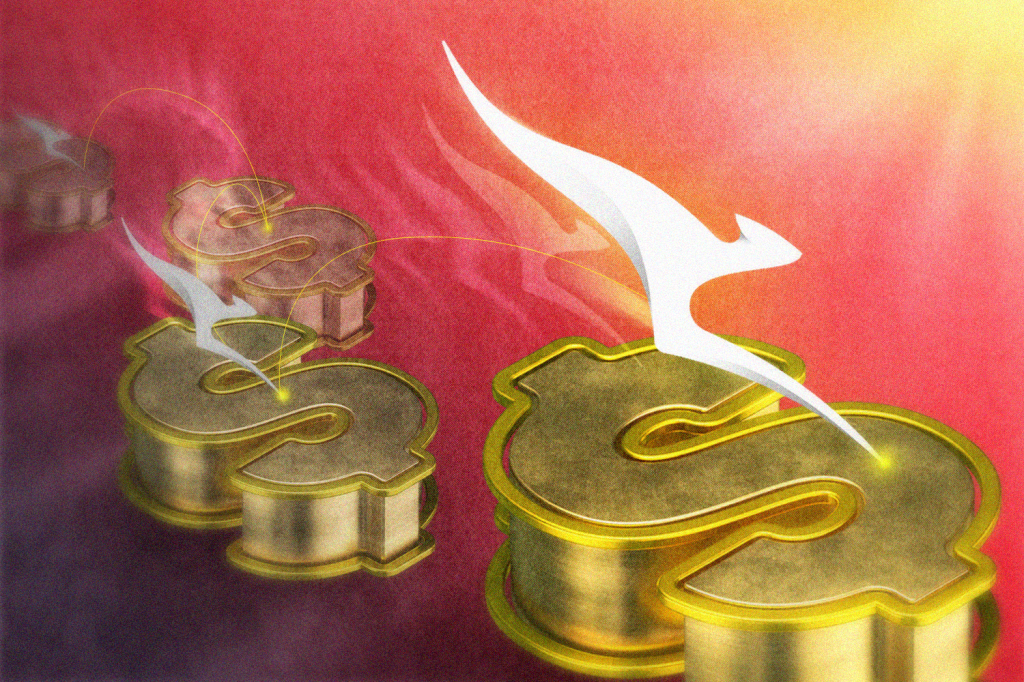 An illustration showing the Qantas kangaroo and dollar signs.