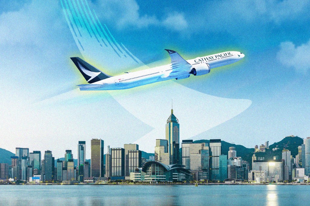 An illustration showing a Cathay Pacific plane over Hong Kong.