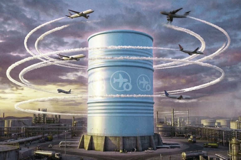 An illustration showing planes and a large barrel of jet fuel.