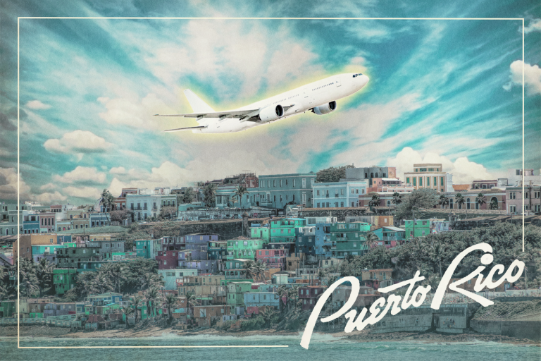 An illustration showing a plane and the Puerto Rico coastline.