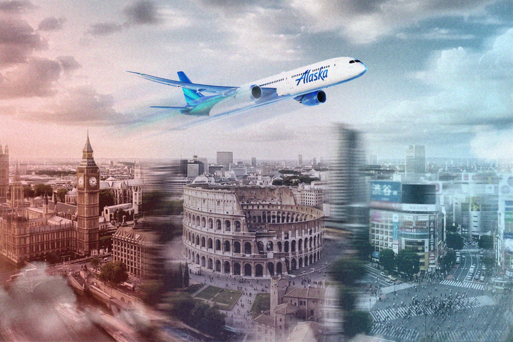An illustration showing an Alaska Airlines plane over global cities.
